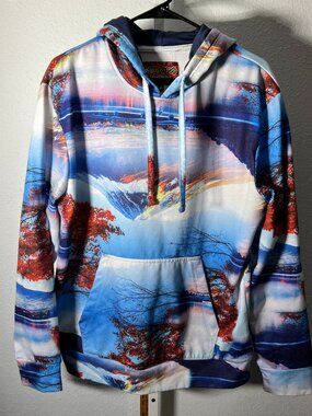 Fresh Prints of Tokyo Fuji Mountain All-Over Graphic Print Men's Hoodie SZ Med